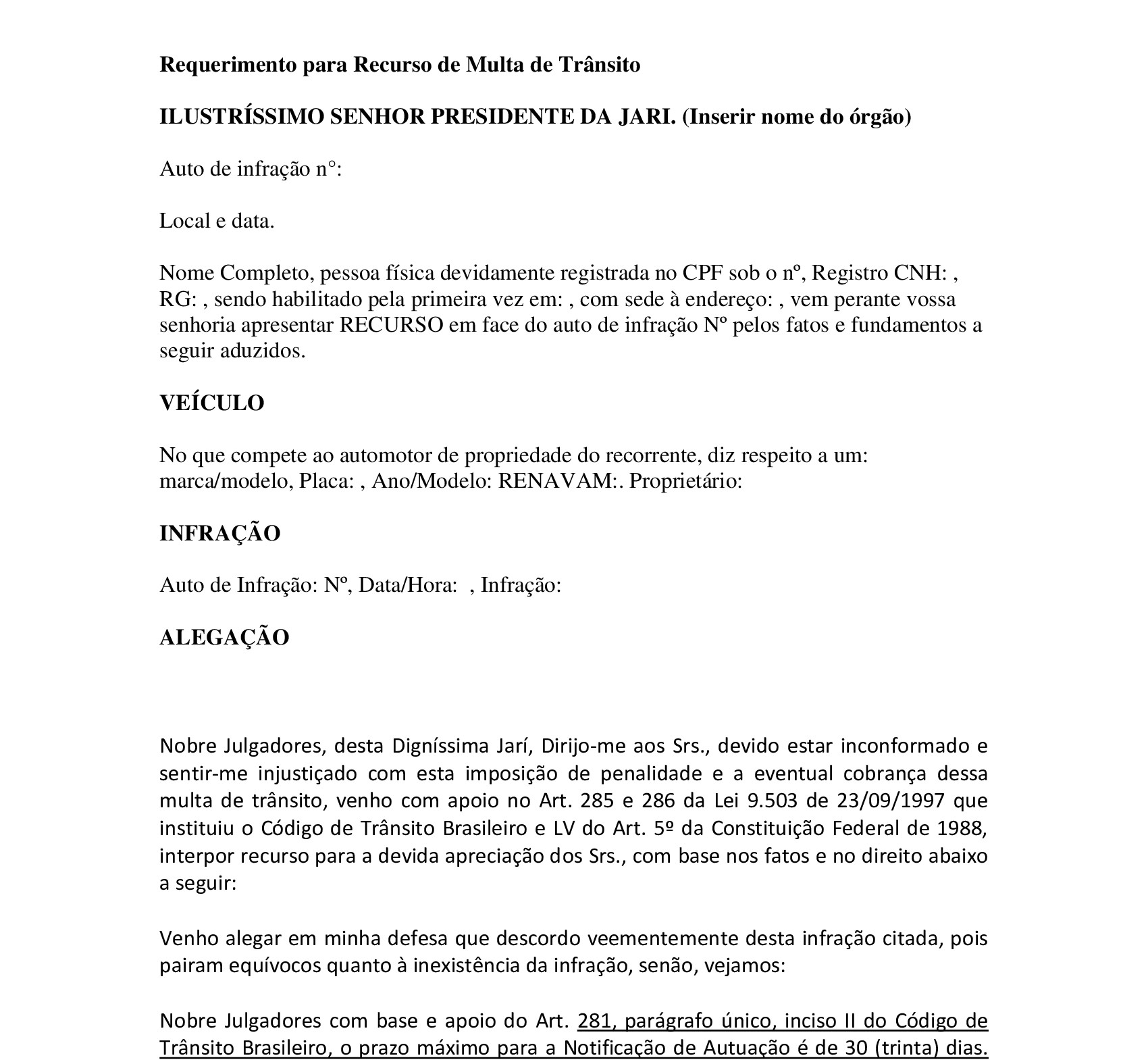 Exemplo De Defesa Previa De Multa De Transito