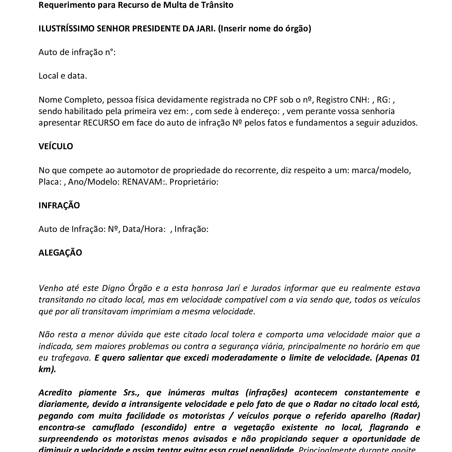 Exemplo De Carta Para Recorrer Multa De Transito