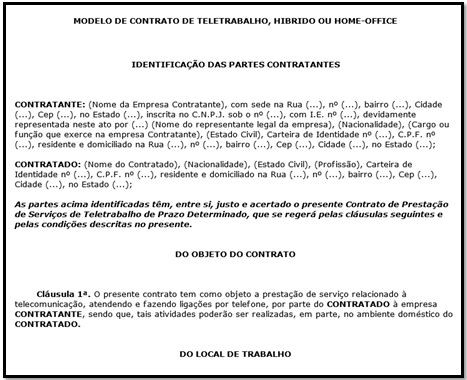 Modelo de contrato de Teletrabalho, Hibrido ou Home Office - 01