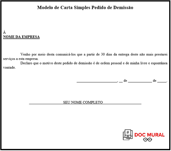 Modelo de Carta Simples Pedido de Demissão -